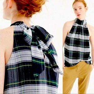 J.Crew Tie Neck Plaid Green and Navy Fall Sleeveless Blouse 6